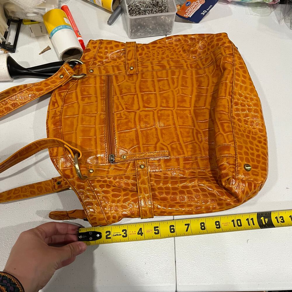 Michael Rome Designs Crocc Embossed Large Orange Leather Pockets Shoulder Bag - Picture 10 of 11
